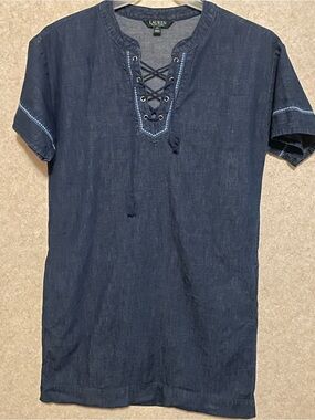 Lauren Ralph Lauren Navy Lace-Up Short Sleeve Midi Dress